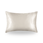 Satin pillow case FWBEAUTY. 
Light pink satin pillow case against white back ground. 