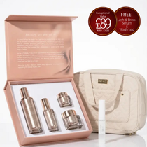 Cosmetic set with skincare products and a pouch on a white background