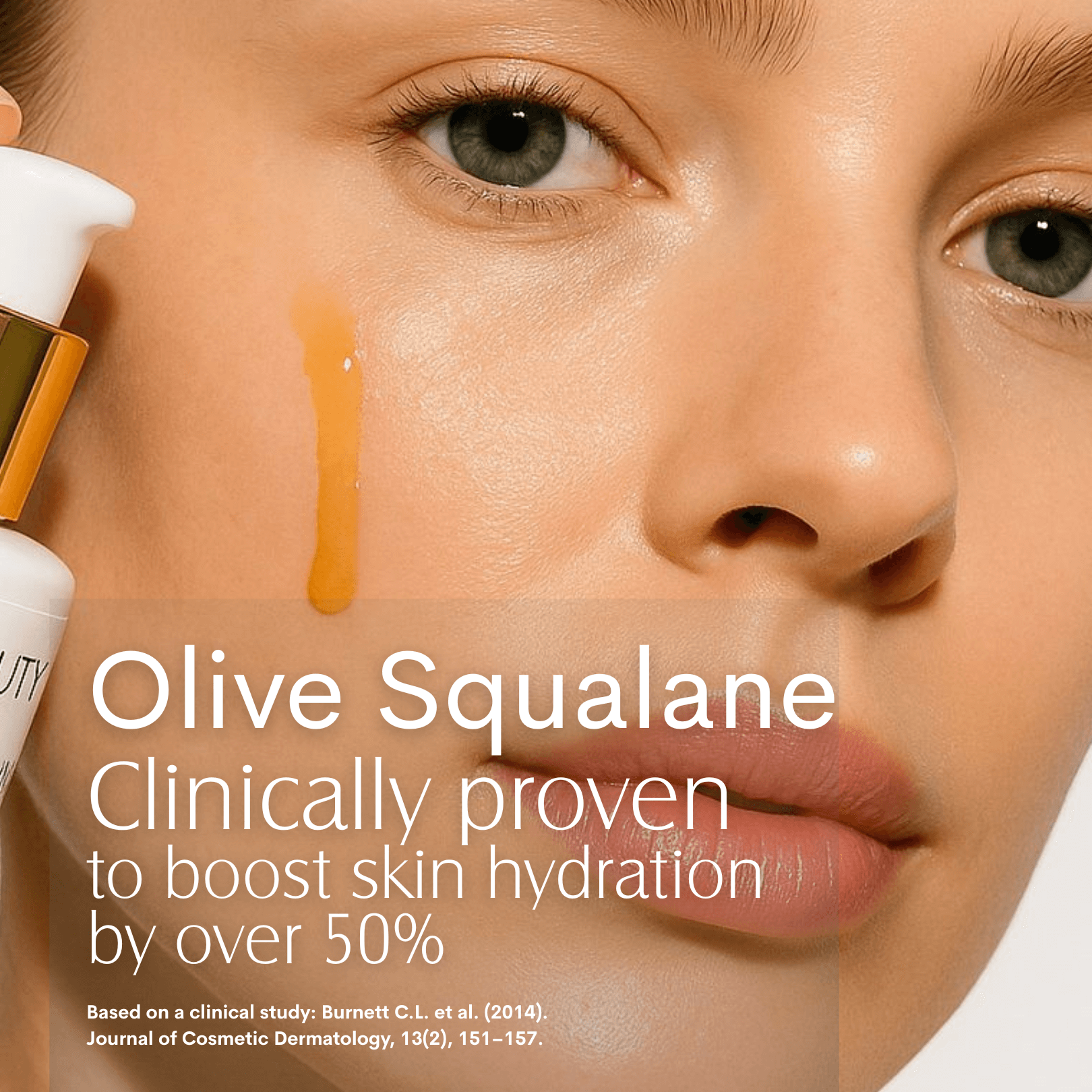 Close-up of a person's face with olive squalane product application, highlighting skin hydration benefits.