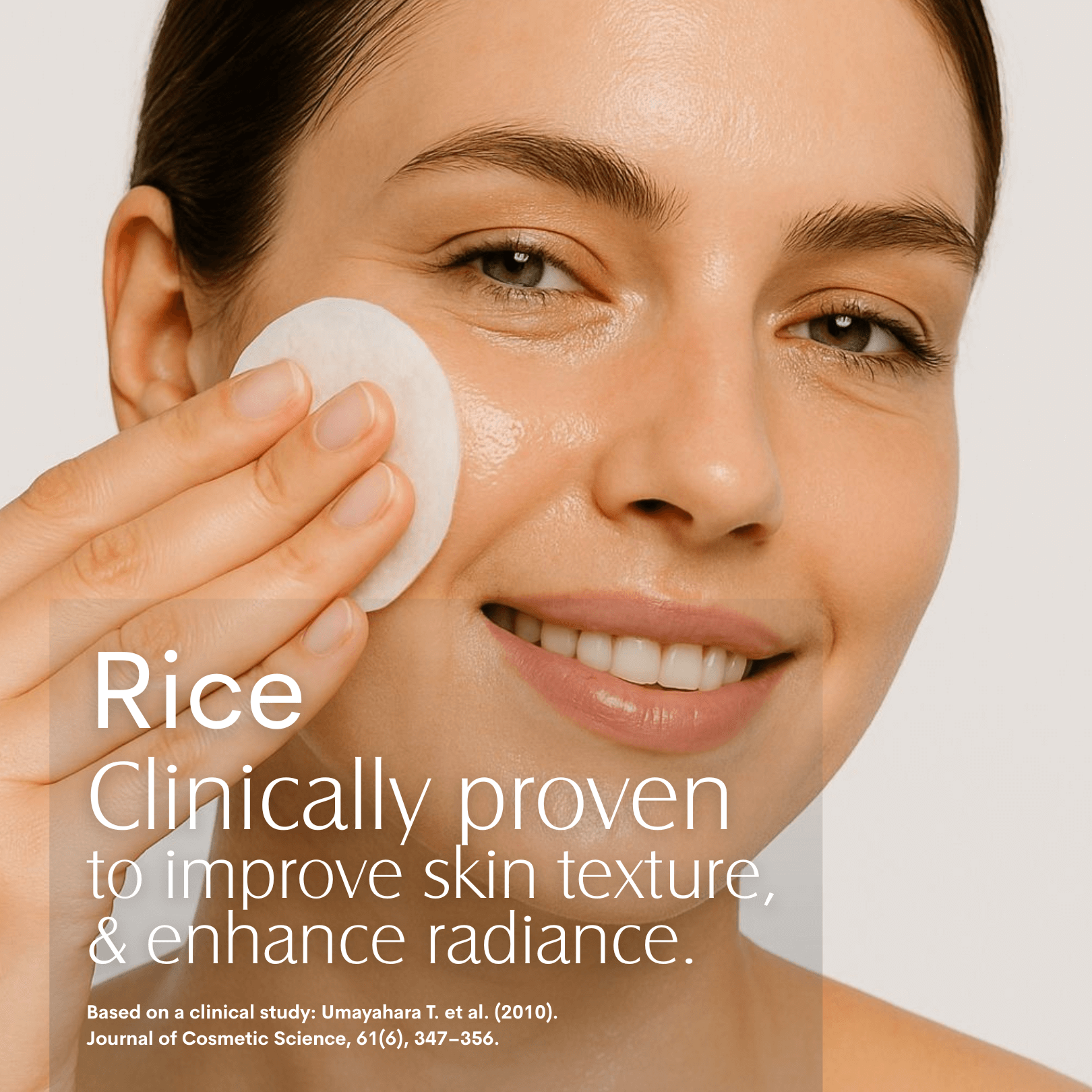 Woman applying a product to her face with text about rice's benefits for skin.