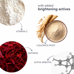 Ingredient infographic for a brightening skincare product, showing close-ups of white powder labeled Vitamin C, beige powder with ginseng roots labeled Liquorice Root, deep red saffron threads, and a gray molecular model labeled Alpha Arbutin, with text reading 'with added brightening actives' on a white background.
