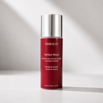 FWBEAUTY Surface Reset Cleansing Powder in a red cylindrical bottle with a reflective silver cap, set against a light gray background with soft diagonal shadows.