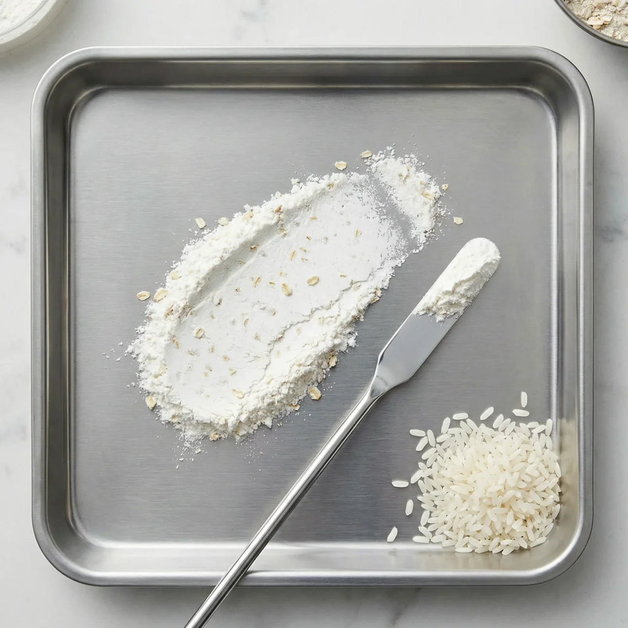 Metal tray with flour, salt, and a knife on a marble surface