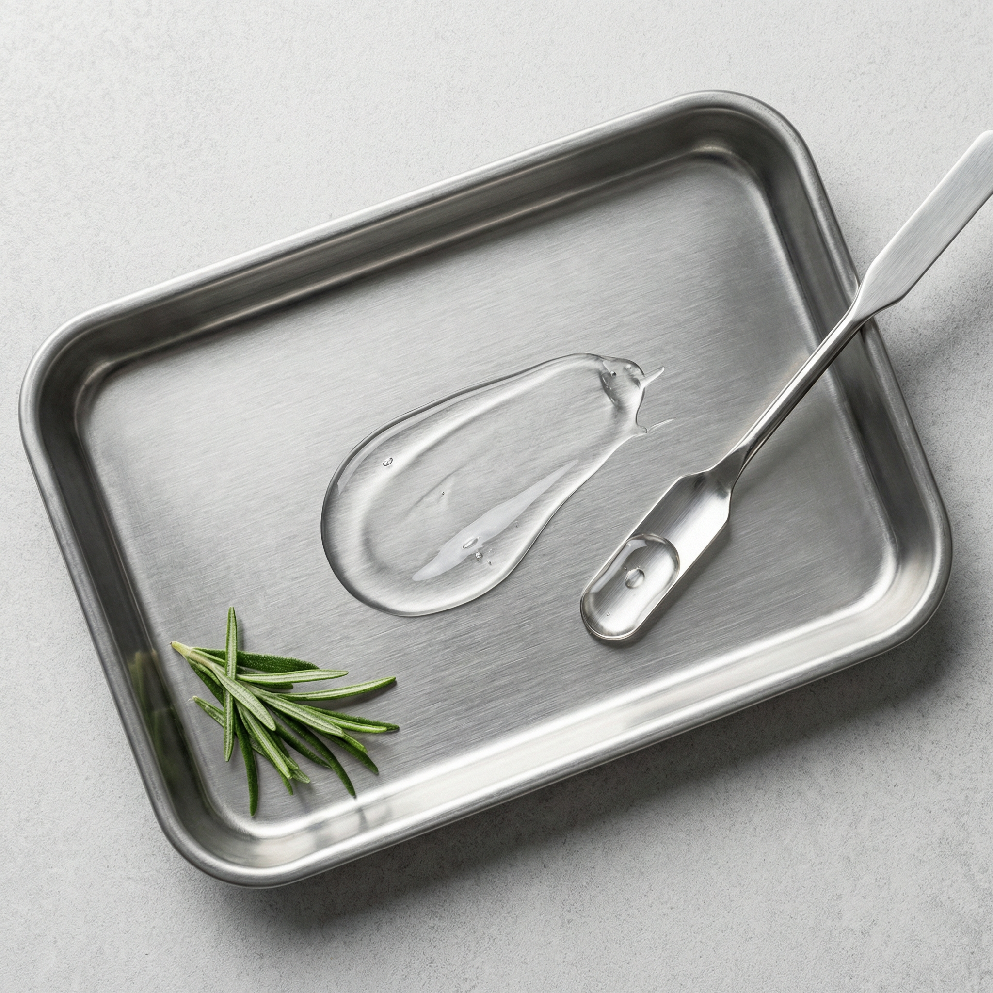 Metal tray with a spoon, ice cube, and rosemary leaf on a light gray background