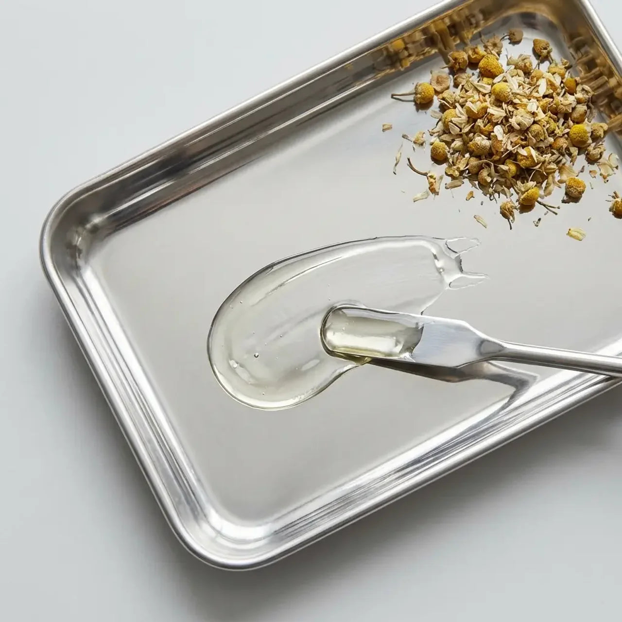 Metal tray with a small amount of liquid and dried herbs on a light gray background