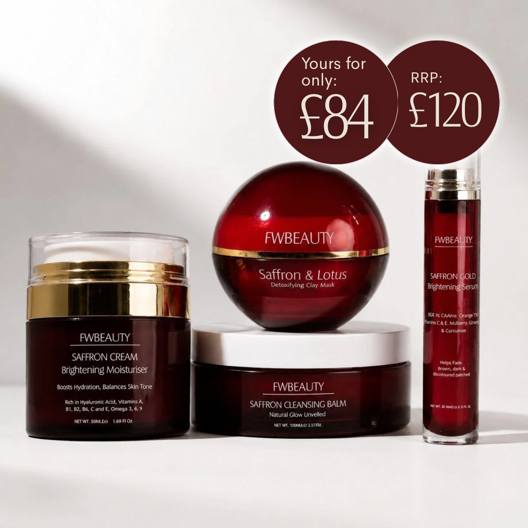 FW Beauty skincare products including cream, balm, and mask with pricing information on a white background.