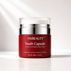 Red jar of FWBeauty Youth Capsule cream on a white background
