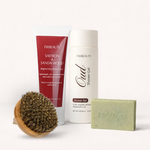 FW Beauty products including a body lotion, shower gel, and soap on a white background