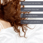 Pillowcase FWBEAUTY. 
model hair shot, on white cotton bedding with grey text boxes. 