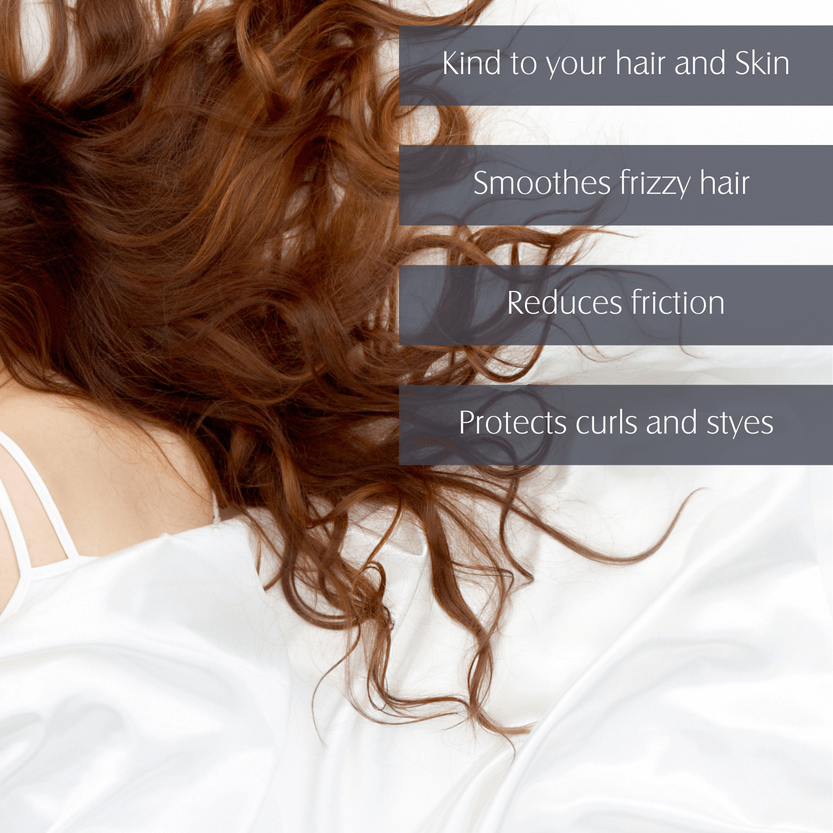 Pillowcase FWBEAUTY. 
model hair shot, on white cotton bedding with grey text boxes. 