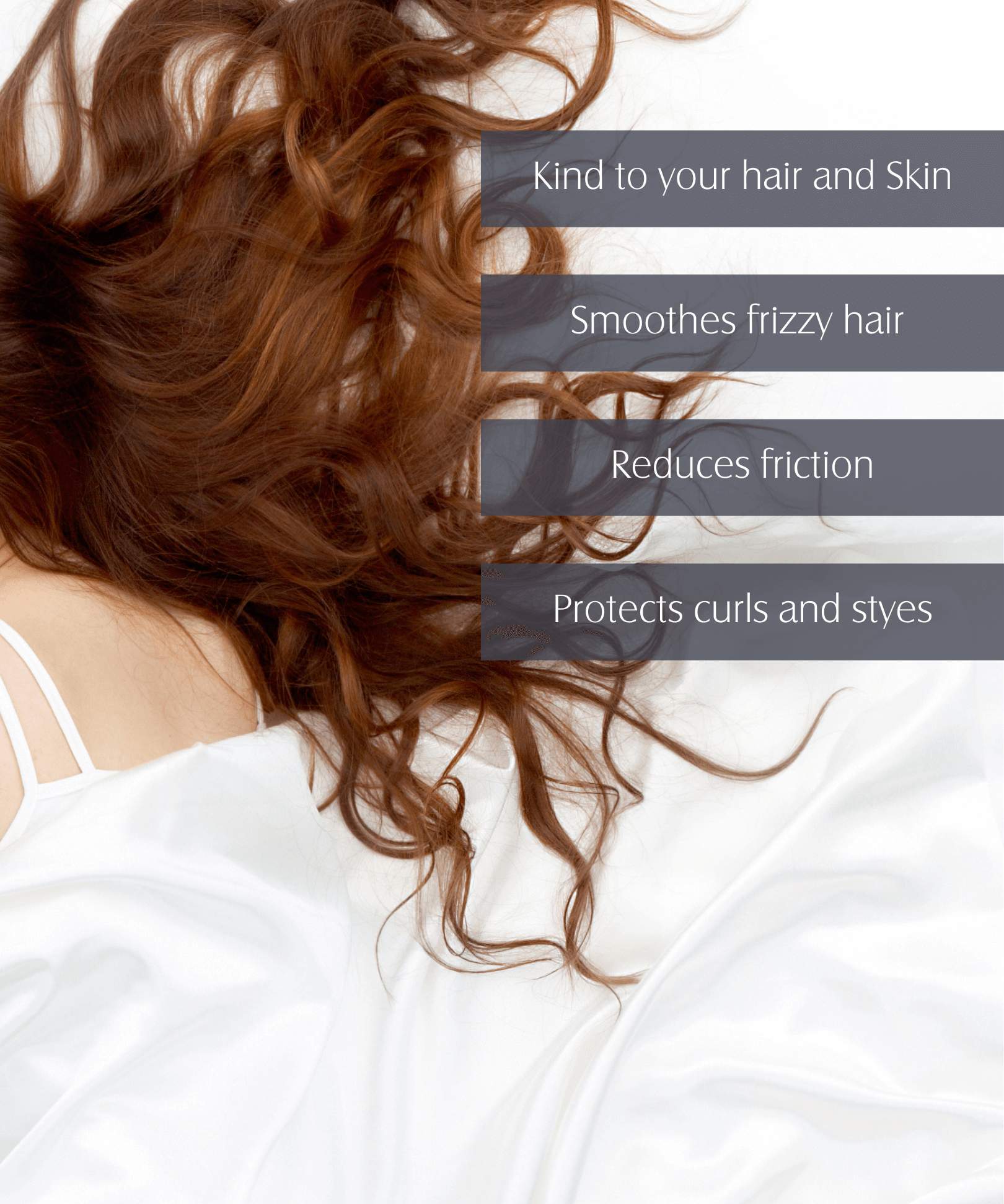 Pillowcase FWBEAUTY. 
model hair shot, on white cotton bedding with grey text boxes. 