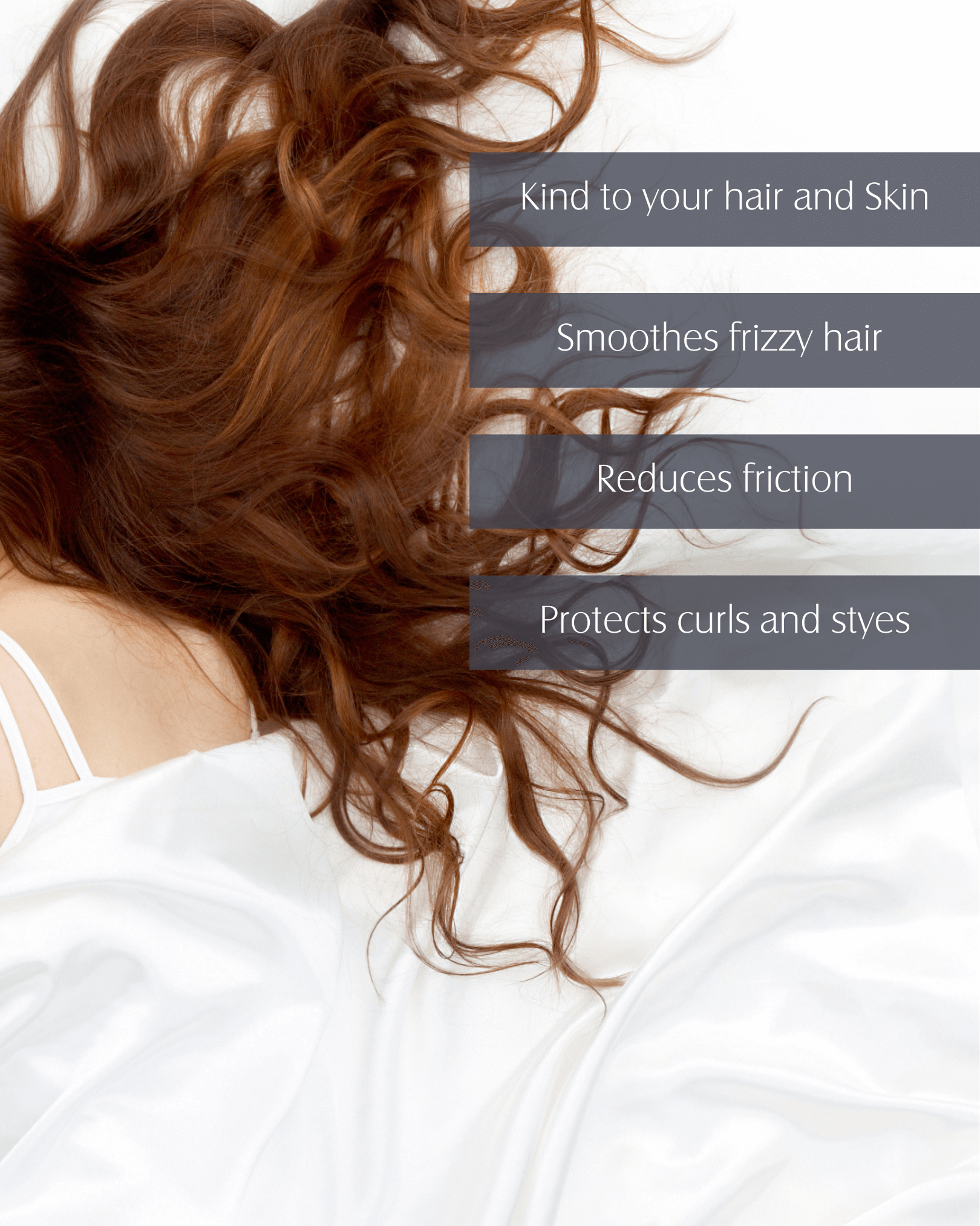 Pillowcase FWBEAUTY. 
model hair shot, on white cotton bedding with grey text boxes. 