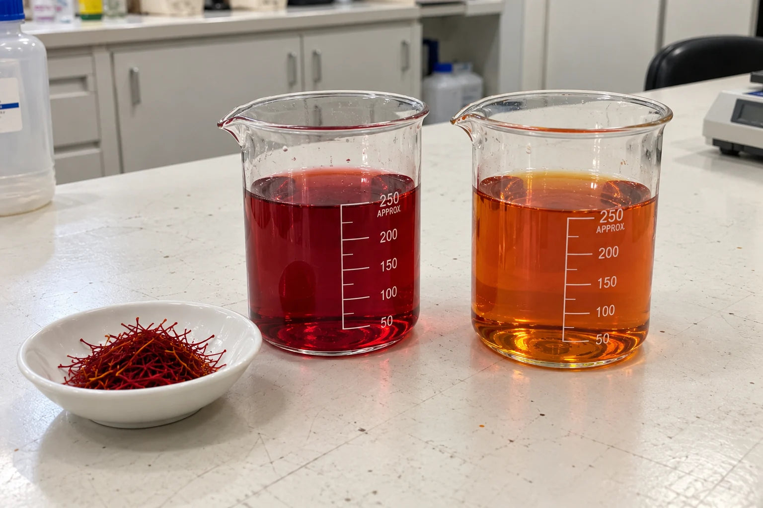AI-generated phone-photo-style visual of saffron extraction beakers in a simple cosmetics production lab